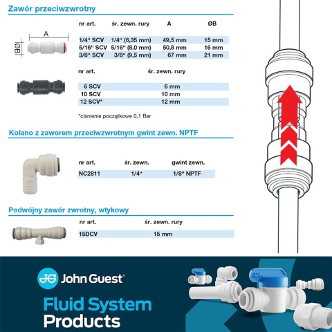 Pojedynczy zawór przeciwzwrotny 1/4" z acetalu marki John Guest (Super Speedfit) - NC2718