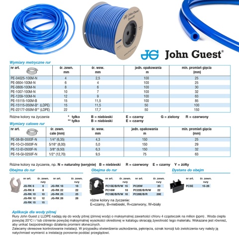 Rurka / wężyk LLDPE 3/8" do wody zimnej stosowana przy filtrach do wody i lodówkach John Guest - PE-12-EI-0500F-B - 1 mb