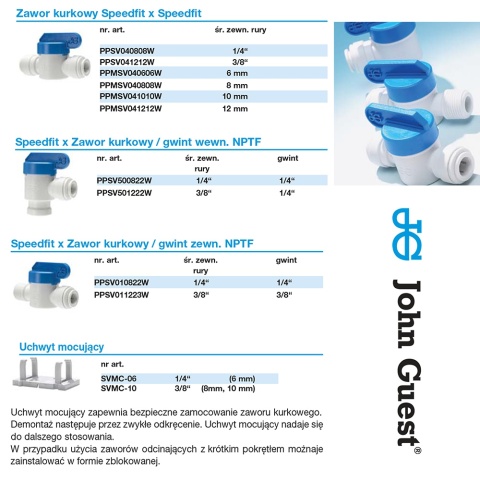Zawór kurkowy z polipropylenu Speedfit 3/8" × gwint zewnętrzny 3/8" gwint NPTF męski marki John Guest - PPSV011223W