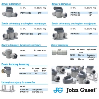 Zawór odcinający 3/8″ x 3/8" z szarego acetalu (krótka rączka z klipsem montażowym) marki John Guest - PISV04KIT-SH