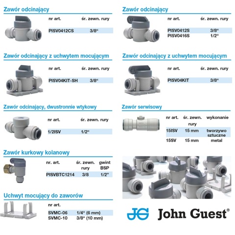 Zawór odcinający 3/8″ x 3/8" z szarego acetalu (krótka rączka z klipsem montażowym) marki John Guest - PISV04KIT-SH