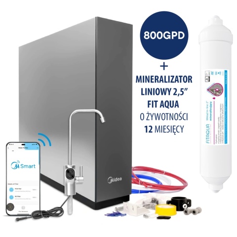 Stacja filtracji Midea Smart 800 GPD WiFi R06 odwrócona osmoza "direct flow" z inteligentną baterią + mineralizator 2″ QC